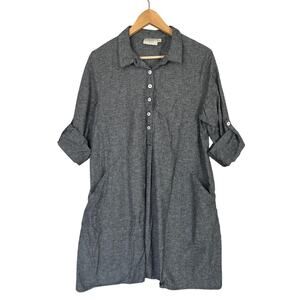 INAE Collection Button Front Long Tab Sleeve Lagenlook Artsy Shirt Dress Size M